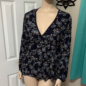 Umgee Blue Floral V-Neck Blouse